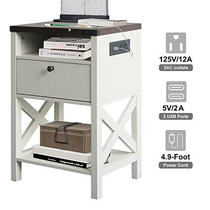 Rainbow Sophia Nightstand with Charging Station, Modern End Table with Drawer, Bedside Table with Open Storage, Vintage White/Espresso