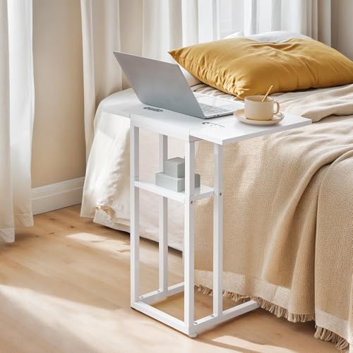 HOOBRO Foldable C Shaped End Table, C Shaped Side Table with Storage Shelf, Small Snack Table, Slide Under Couch Table for Sofa, Living Room Bedroom Small Spaces Easy Assembly, White WW29SF01 - color: White