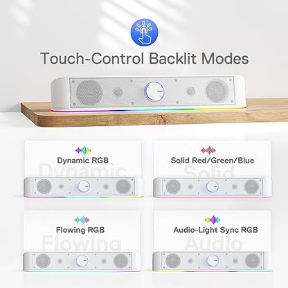 Redragon GS560 RGB Desktop Soundbar, 2.0 Channel Computer Speaker with Dynamic Lighting Bar Audio-Light Sync/Display, Touch-Control Backlit with Volume Knob, USB Powered w/ 3.5mm Cable, White - color: White