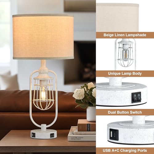 Farmhouse Table Lamps for Living Room Set of 2, Lamps for Night Stands Set of 2, Industrial Bedside Lamps for Bedroom Nightstand with USB A+C, Bulbs Included - color: White