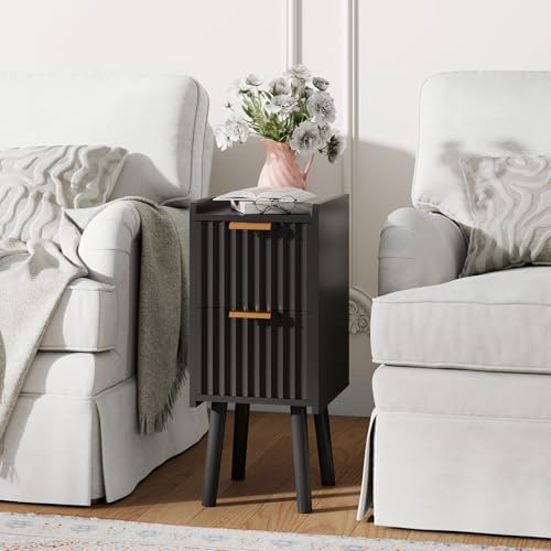 IBUYKE Narrow Nightstand,Slim Bedside Table with 2 Drawer,Black UWNS015B | Space Saving,Skinny Bedside Table for Small Spaces,Wood Side End Tables for Bedroom Living Room