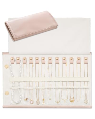 Lolalet Travel Necklace Organizer, Foldable Jewelry Case, Pink, 12 Slots | Tangle-Free, Roll Up, PU Outer, Velvet Lining, Space-Saving, for Chains Bracelets, Gift for Women Girls Daughters Friends - color: Pink, size: Medium, 12 Slots