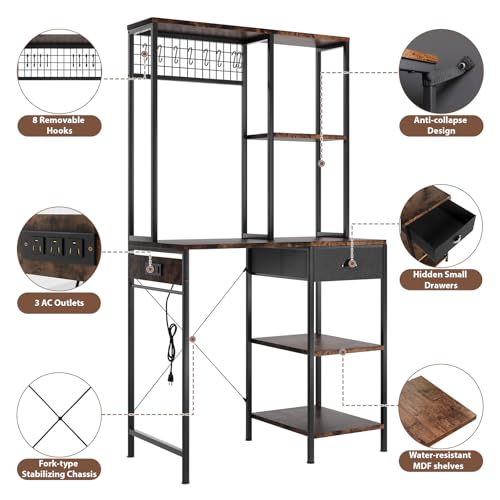 DreamDashio Over Mini Fridge Shelf with Power Outlet, 3-Tier Bakers Rack & Appliance Organizer for Microwave and Coffee Maker, Featuring Adjustable Shelves, Storage Drawer, 8 S-Hooks