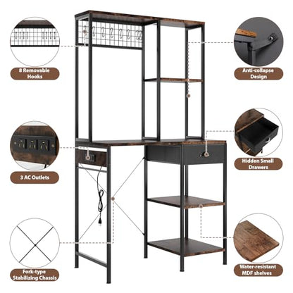 DreamDashio Over Mini Fridge Shelf with Power Outlet, 3-Tier Bakers Rack & Appliance Organizer for Microwave and Coffee Maker, Featuring Adjustable Shelves, Storage Drawer, 8 S-Hooks