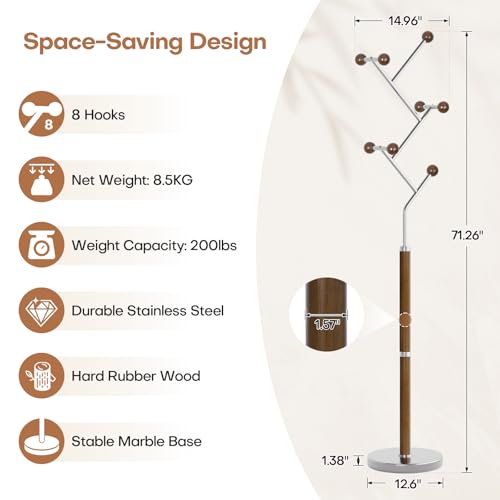 Coat Rack Freestanding Metal Coat Tree with 8 Rubber Wood Hooks | Heavy Duty Standing Coat Rack, Stainless Steel Marble Base, Coat Hanger Stand for Bedroom Entryway Hallway, Hat, Bags - color: A
