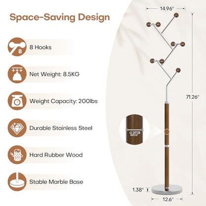 Coat Rack Freestanding Metal Coat Tree with 8 Rubber Wood Hooks | Heavy Duty Standing Coat Rack, Stainless Steel Marble Base, Coat Hanger Stand for Bedroom Entryway Hallway, Hat, Bags - color: A