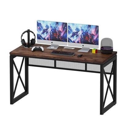 BON AUGURE Farmhouse Computer Desk, Modern Industrial Home Office Desks, Wood Metal Study Writing Table, Sturdy Gaming Desk (Rustic Oak, 54 Inch) - color: Rustic Oak, size: 54"W