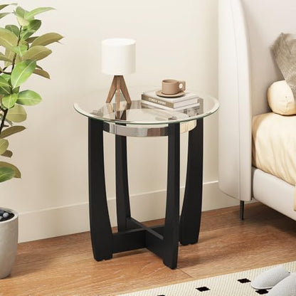 Giantex Round Glass End Table Set of 2, 24’’ Side Table with Tempered Glass Top, Nightstands with Cross & Solid Rubber Wood Base, Compact Bedside Night Stand for Bedroom Office Living Room (2, Black) - color: Black