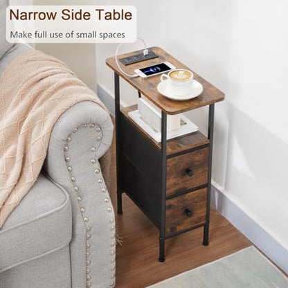 LOAKEKEL Narrow Nightstand with Charging Station, End Tables Living Room Set of 2, Skinny Side Table with Fabric Drawers, Slim Sofa Table for Bedroom, Small Spaces, Couch, Brown, HETNDP02BR - color: Rustic Brown + Black, style: Power