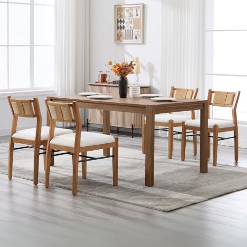 BESTANO Modern Armless Dining Chairs with Rope Woven Back Set of 4, Beige Linen Fabric Upholstered Kitchen & Dining Room Chairs, Mid-Century Classic Farmhouse Wooden Side Chair - color: Beige, size: 4 Chairs