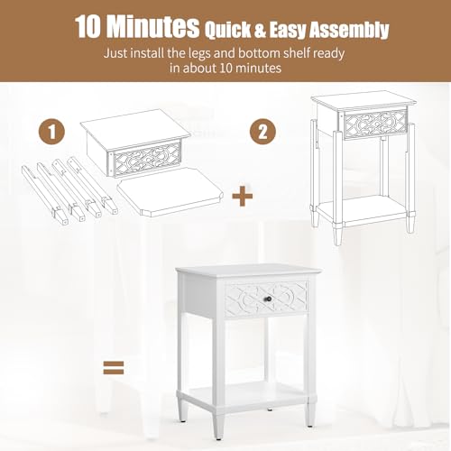 26" Night Stand with Drawers, Painted Bedside Table, Solid Wood Nightstand | Pine Leg and Solid Wood Frame Nightstand, Side Table End Table for Bedroom, Carved Pattern, Pure White - color: Pure White