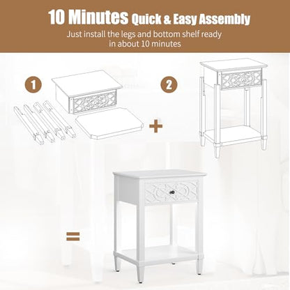 26" Night Stand with Drawers, Painted Bedside Table, Solid Wood Nightstand | Pine Leg and Solid Wood Frame Nightstand, Side Table End Table for Bedroom, Carved Pattern, Pure White - color: Pure White