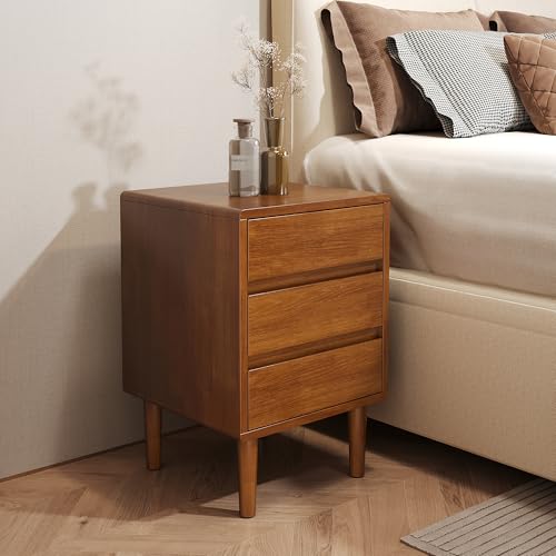 Nightstand with 3 Drawers Narrow Night Stand Solid Wood Bedside Table Mid Century Modern Nightstand Wooden End Table for Bedroom, Study, Office - color: Walnut-3d, size: 15.75''×15.75''×23.62''