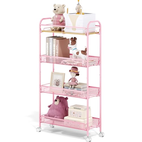 TOOLF 4-Tier Slim Rolling Cart, Metal Storage Cart with Wooden Tabletop and Mesh Baskets for Narrow Space on Kitchen Bathroom Laundry Room Bedroom Apartments Dormitory - size: Slim, style: Pink