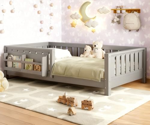 Bellemave Twin Size Low Platform Bed with Full-Length Rails and Slats, Twin Wooden Montessori Bed Frame with Book Shelves, Space Saving, Easy Assemble(Twin,Gray,Bookshelf) - color: Grey, size: Twin-Bookshelf