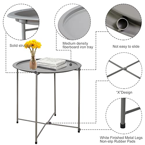 Garden 4 you End Table Metal Side Table Grey Round Folding Tray Cyan Sofa Small Accent Fold-able Table, Round End Table Tray, Next to Sofa Table, Snack Table for Living Room and Bed Room - color: Grey