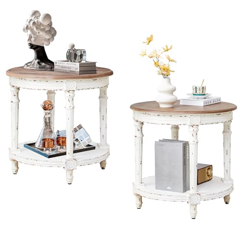 BERRYMERRY 23.6" French Country Round End Table Set of 2, Two Tone Distress 2 Tier Side Table for Living Room Small Space,No Tool Assembly - color: White 2pcs