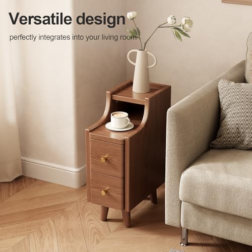 Narrow Nightstand with 2 Drawers,Walnut Nightstand,Bedside Table,Solid Wood Modern Bedside Table for Bedroom,Study,Toilet - color: Walnut, size: 15.75"D x 7.87"W x 22.32"H(2 Drawers)