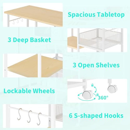 HapiRm Rolling Kitchen Carts with Storage - Microwave Table Stand with 6 Hooks & 3 Baskets, kitchen Island Cart on Lockable Wheels, 28.3" L × 14.6" W Bakers Rack Cart for Dining Room Coffee Bar Office - color: White