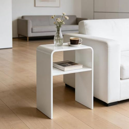 White Acrylic 2-Tier End Table – 23.6”H Modern Nightstand with Shelf, Sturdy Bedside Storage for Bedroom, Living Room, Home Office, No Assembly Required - size: white