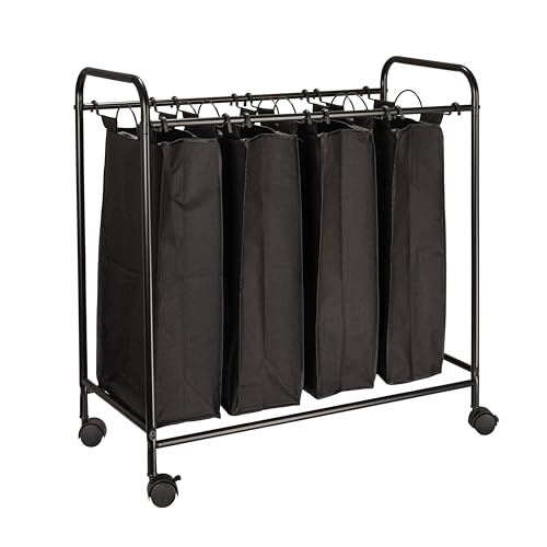 Household Essentials Rolling Laundry Sorter, 4 Bag Laundry Sorter Cart with Washable and Removable Bags, Black - color: Black/Black