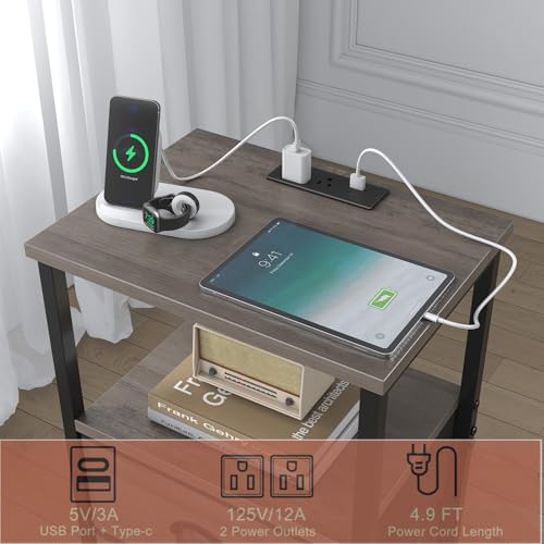 sthmec Nightstand with Charging Station, LED Night Stand Set of 2, Bedside Table End Table with Drawer, Bedroom Tables with 2 Fabric Drawers, 3-Tier Storage Side Table for Bedroom,Grey - color: Grey