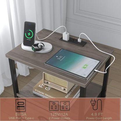 sthmec Nightstand with Charging Station, LED Night Stand Set of 2, Bedside Table End Table with Drawer, Bedroom Tables with 2 Fabric Drawers, 3-Tier Storage Side Table for Bedroom,Grey - color: Grey