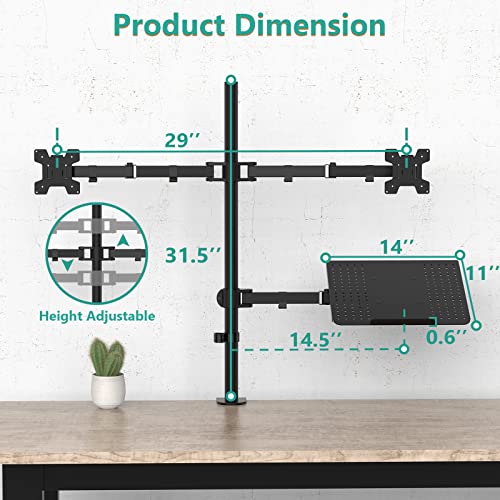 WALI Triple Arm Laptop and Dual Monitor Desk Mount for 17" Notebook and Up to 27" Screens, Extra Tall Adjustable Monitor Stand with Laptop Tray, VESA 75x75 100x100, Black (M002XLLP) - size: Triple, style: Adjustable Desk Mount