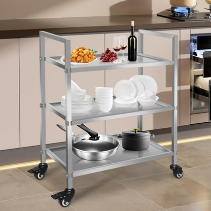 3 Shelf Stainless Steel Cart, 400 Lbs, 1MM Thick, Serving Cart with Wheels, Household, Service Trolley, 360°Rotation Storage Shelf with Locking Wheels