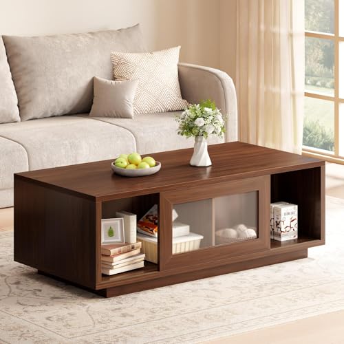 HSH Walnut Coffee Table for Living Room, 47 Inch Modern Wood Rectangle Coffee Tables with Sliding Door and Storage Open Shelf, Large Low Center Table for Home Decor - color: Walnut