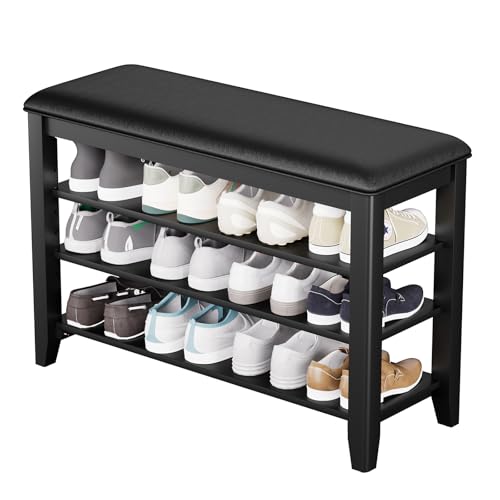 Entryway Shoe Storage Bench, Shoe Organizer Bench for Entryway | Ideal for Hallways Front Doors Entrances Mudrooms Featuring Rubberwood and 3 Height-Adjustable & Removable Shelve - color: Black, size: 31.5''