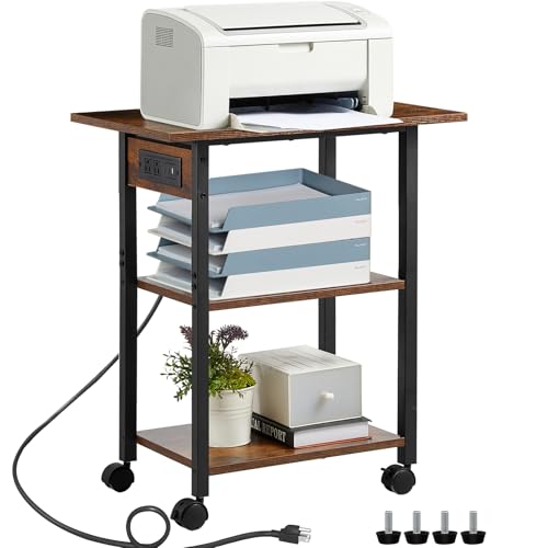Lerliuo 3-Tier Printer Stand with Charging Station, Rolling Printer Table | Rustic Brown Industrial Mobile Printer Cart Desk Holder for Home Office, Lockable Wheels, Open Storage Shelf, Metal frame - color: Brown, size: 3-Tier with Charger