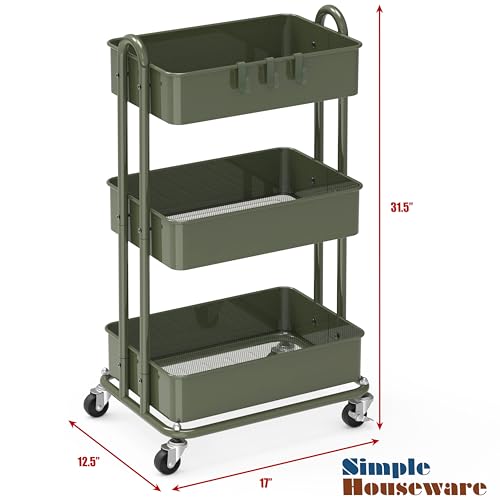 Simple Houseware 3-Tier Heavy Duty Metal Utility Rolling Cart, Army Green - color: Army Green