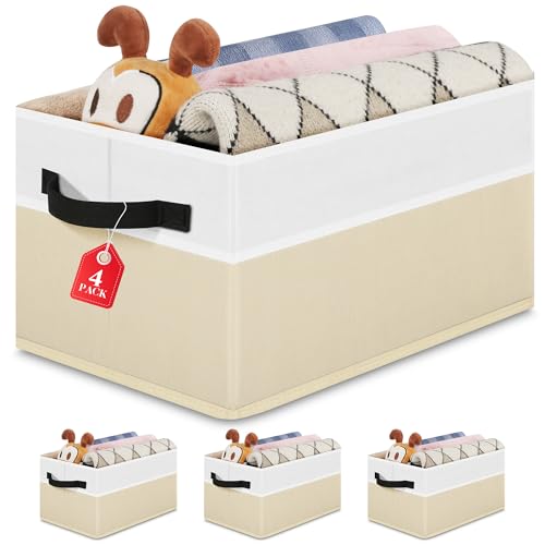 Large Shelf Storage Bins [4 Pack],Decorative Collapsible Storage Basket,Fabric Closet Organizer and Home Storage Cubes with Handles for Organizing Books, Clothes, Toys, Nursery（Beige） - color: Beige
