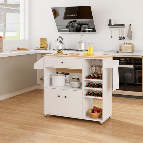 Giantex Rolling Kitchen Island Cart with Drop Leaf, Power Outlet, Spice Rack, 12 Wine Rack, Glass Holder, Drawer, Storage Cabinet, Towel Rack, Island Table for Breakfast Coffee Bar (White & Natural) - color: White & Natural