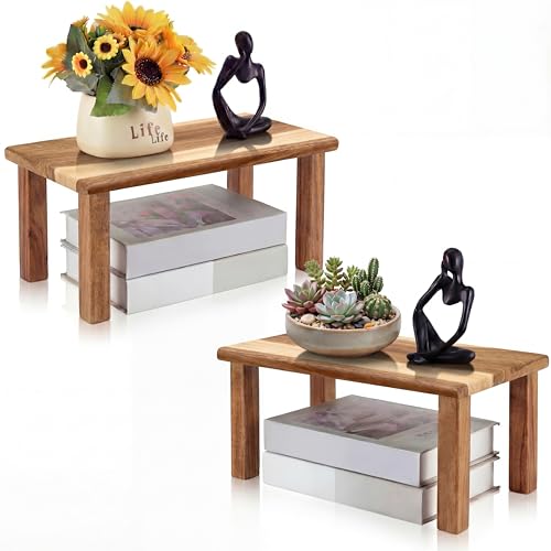 RattanView 2 Pcs Extra Large 15 Inches 14 Inches Acacia Wooden Riser Wooden Countertop Organizer Display Shelf for Top of Desk Home Office Bathroom Coffee Table Display Stand - size: 15× 7.5× 6 ,14 × 7 × 5.5 Inches