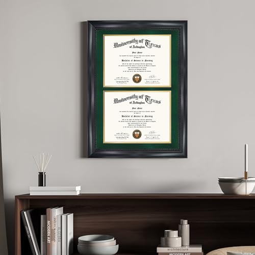GMFrames Double 8.5x11 Diploma Certificate Frame, Solid Wood & Tempered Glass, Cherry Lacquer Finish & Intricate Rope Detail, Green over Gold Mat - color: Black / Green Gold Mat, size: 14x20 for Double 8.5x11