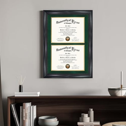 GMFrames Double 8.5x11 Diploma Certificate Frame, Solid Wood & Tempered Glass, Cherry Lacquer Finish & Intricate Rope Detail, Green over Gold Mat - color: Black / Green Gold Mat, size: 14x20 for Double 8.5x11