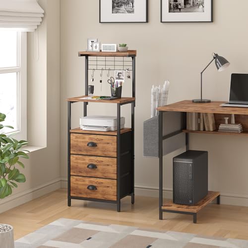 sthmec Tall Nightstands with Charging Station, LED Night Stand Bedsides with 3 Fabric Drawers,Hooks,USB Port and Open Storage Shelves,Tall End Table Bedside Tables for Bedroom,Office, Rustic Brown - color: Rustic Brown, style: 3 Darwers