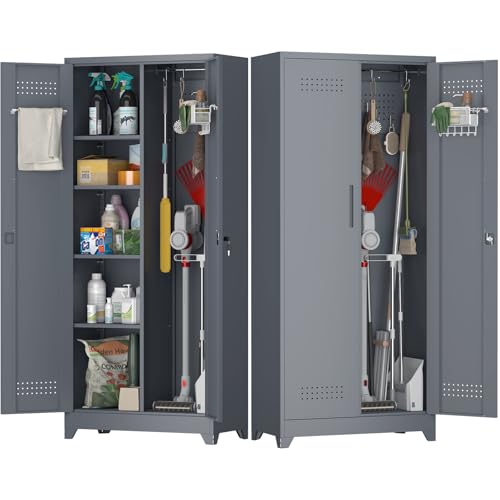 Metal Tool Storage Cabinet, Broom Closet with Hooks, 72.8" Tall Garage Cabinet with Shelves, Heavy-Duty Cleaning Storage for Utility Room, Gym, Office, Garage - color: 73"h 2 Doors - Grey