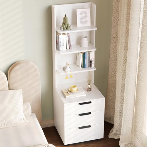 Tall Nightstand with 3 Drawers & 4 Open Shelves, Modern Bedside Table with Storage, Multifunctional Narrow Night Stand, Space-Saving End Tables for Bedroom, Small Spaces, White