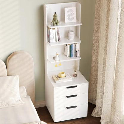 Tall Nightstand with 3 Drawers & 4 Open Shelves, Modern Bedside Table with Storage, Multifunctional Narrow Night Stand, Space-Saving End Tables for Bedroom, Small Spaces, White