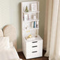 Tall Nightstand with 3 Drawers & 4 Open Shelves, Modern Bedside Table with Storage, Multifunctional Narrow Night Stand, Space-Saving End Tables for Bedroom, Small Spaces, White