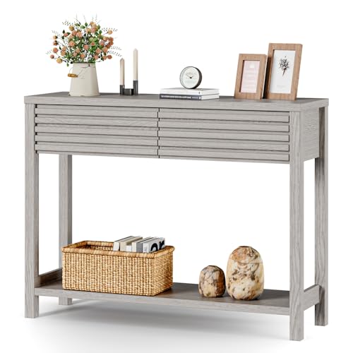 EAG 40" Fluted Console Table with 2 Drawers, Modern Wood 2 Tier Entryway Table with Storage Shelf, Narrow Sofa Tables Behind Couch for Entrance Foyer, Hallway, Living Room, Gray - color: Grey