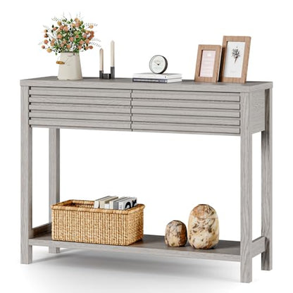 EAG 40" Fluted Console Table with 2 Drawers, Modern Wood 2 Tier Entryway Table with Storage Shelf, Narrow Sofa Tables Behind Couch for Entrance Foyer, Hallway, Living Room, Gray - color: Grey