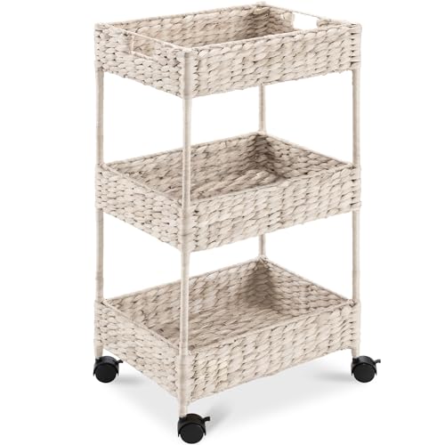 Best Choice Products 3-Tier Water Hyacinth Rolling Nursery Caddy w/Wheels, Utility Cart, Storage Organization for Bathroom, Craft Room, Laundry Room - Whitewash - color: Whitewash