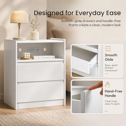 24" Tall Nightstand with Charging Station Including USB-C, Modern Bedside Table and Sofa End Table - White, 2 Drawers, 1-Pack - color: White, size: 1-Pack, style: 2 Drawers