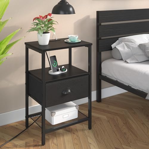 sthmec Nightstands Set of 2, Black Night Stands with Charging Station, Bedside Tables with Drawers PU Finish, 2-Tier Side Table with Open Shelf, Nightstands with Drawer,Black - color: Black, style: Power