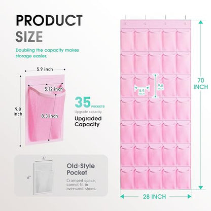 WVM Over the Door Shoe Organizer with 35 Breathable Mesh Pockets, Hanging Shoe Organizer for Door with 4 Metal Hooks, Large Capacity Closet Storage for Shoes, Accessories - style: Pink