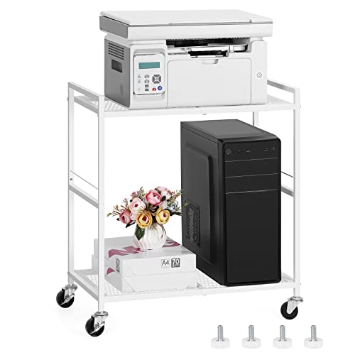 OYEAL Computer Tower Stand, PC Tower Stand Metal Rolling Cart Holds up to 40lbs, 2 Tier Mobile Printer Stand with Storage Under Desk for Home & Office, White - color: White